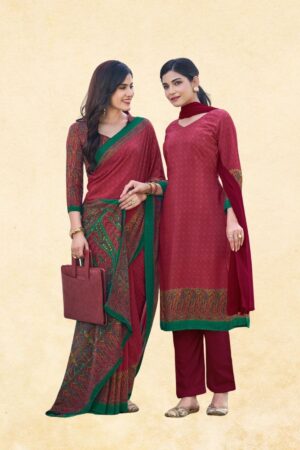 Women's Maroon & Green Georgette Uniform Set — Paisley Printed Saree & Unstitched Suit with Green Border