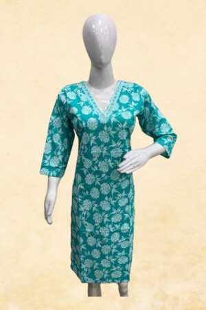 Teal Green Floral Block Print Cotton Kurti Top