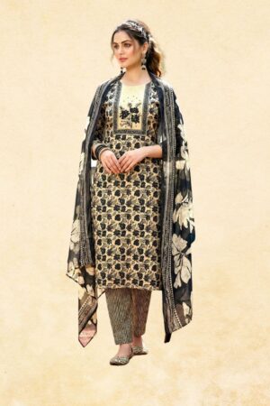 Beige Black Floral Block Print Kurta with Stripe Trouser & Floral Dupatta