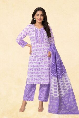 Lavender & White Floral Block Print Cotton 3-Piece Kurta Set
