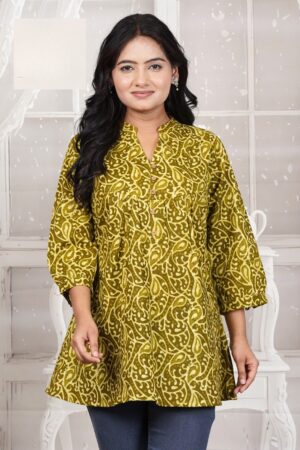 Olive Green Batik Paisley Printed Cotton Short Kurti with Mandarin Neck & Wooden Buttons for Women