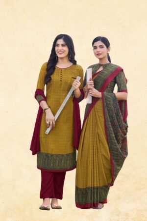 Women's Mustard & Maroon Georgette Uniform Set — Paisley Border Saree & Unstitched Suit with Straight Pants