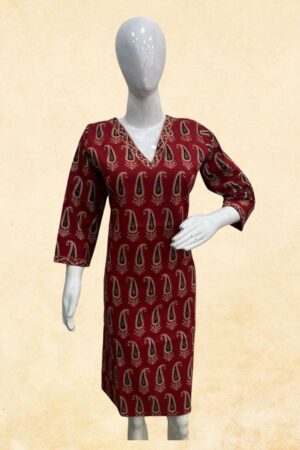 Dark Red Ajrakh Paisley Block Print Cotton Kurti Top