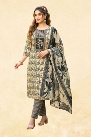 Beige Black Zebra Wave Print Kurta with Floral Yoke, Stripe Trouser & Camouflage Dupatta