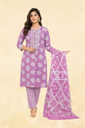 Mauve Purple & White Floral Booti Block Print Cotton 3-Piece Kurta Set