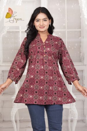 Maroon Geometric Square Block Printed Cotton Short Kurti with Mandarin Neck & Wooden Buttons for Women
