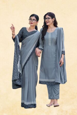 Women's Steel Grey & Black Georgette Uniform Set — Polka Dot Saree & Unstitched Suit with Floral Lace Border