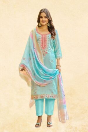 Sky Blue Vichitra Silk Straight 3 Piece Kurta Set With Gold Zari Work