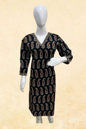 Black Ajrakh Paisley Block Print Cotton Kurti Top