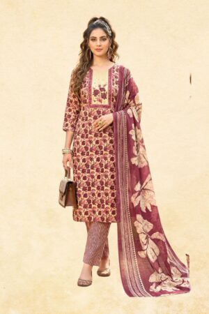 Beige Wine Floral Block Print Kurta with Stripe Trouser & Large Floral Dupatta