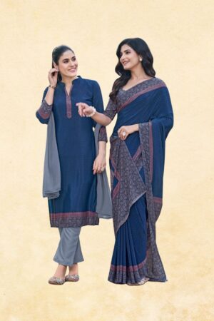 Women's Navy Blue & Grey Georgette Uniform Set — Polka Dot Saree & Unstitched Suit with Floral Printed Border