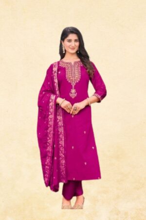 Magenta Pink Vichitra Silk Straight 3 Piece Kurta Set With Gold Zari Work