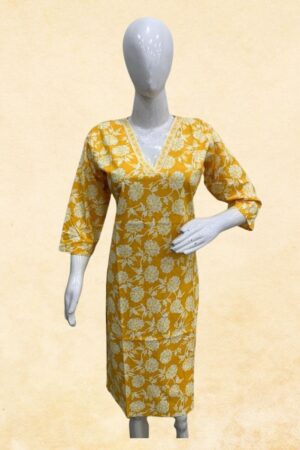 Mustard Yellow Floral Block Print Cotton Kurti Top