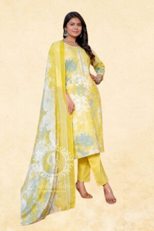 Yellow Teal Watercolour Floral Print Straight Kurta with Solid Trouser & Matching Dupatta