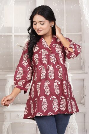 Dark Maroon Mughal Floral Block Printed Cotton Short Kurti with Mandarin Neck & Wooden Buttons for Women