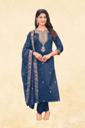 Navy Blue Vichitra Silk Straight 3 Piece Kurta Set With Gold Zari Work