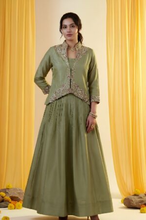 Sage Green Zardozi & Sequin Embroidered Jacket with Pleated Lehenga Skirt — Festive Indo-Western Set