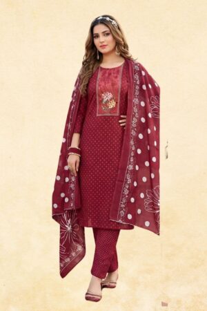 Maroon Polka Dot Kurta with Floral E mbroidery Yoke, Matching Trouser & Polka Dupatta