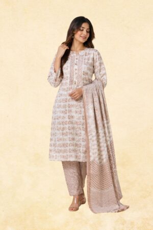 Off-White & Mocha Brown Floral Block Print Cotton 3-Piece Kurta Set