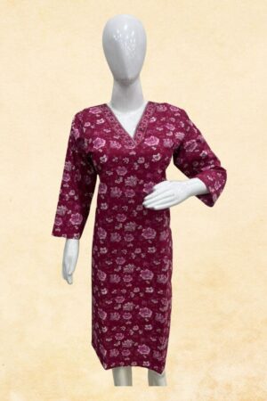 Wine Purple Mixed Floral Block Print Cotton Kurti Top