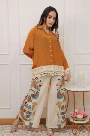 Rust Orange & Cream Flex Cotton 2 Piece Co-Ord Set