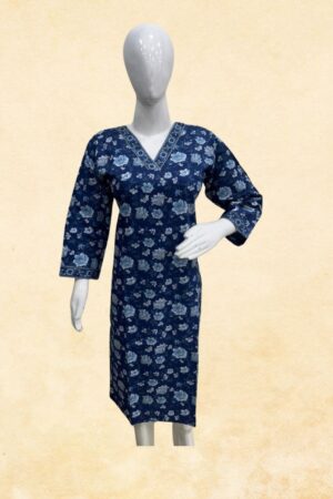 Navy Blue Mixed Floral Block Print Cotton Kurti Top