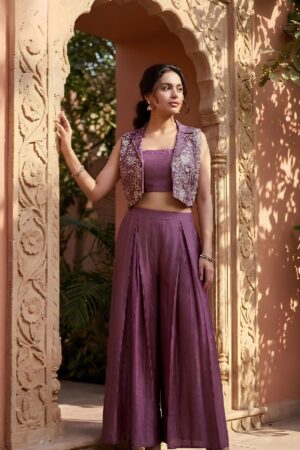 Dusty Mauve Sequin Embroidered Sleeveless Jacket with Bandeau Crop Top & Wide-Leg Palazzo Set