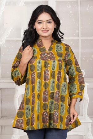 Mustard Yellow Leaf & Floral Patch Printed Cotton Short Kurti with Mandarin Neck & Wooden Buttons for Women