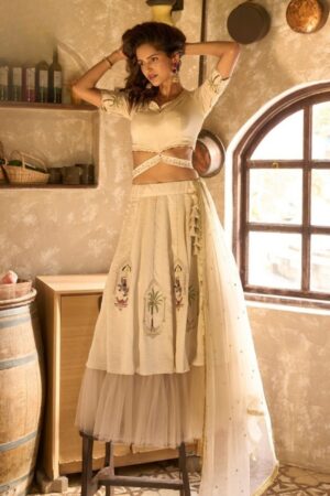 Ivory Pichwai-Embroidered Crop Top & Layered Lehenga Set — Festive Indo-Western Fusion Wear
