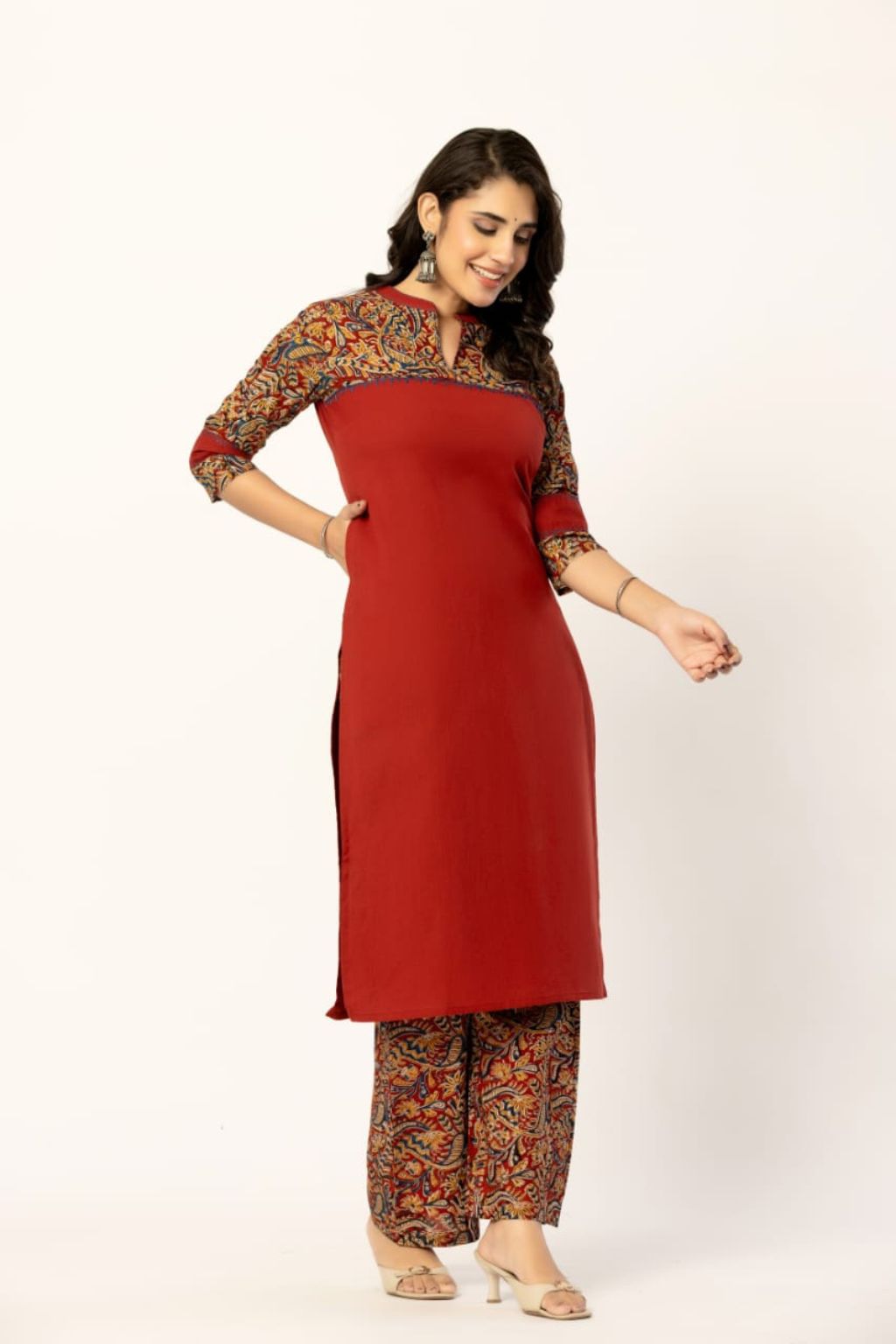 Maroon Cotton 2 Piece Kurta Set with Full Kalamkari Yoke