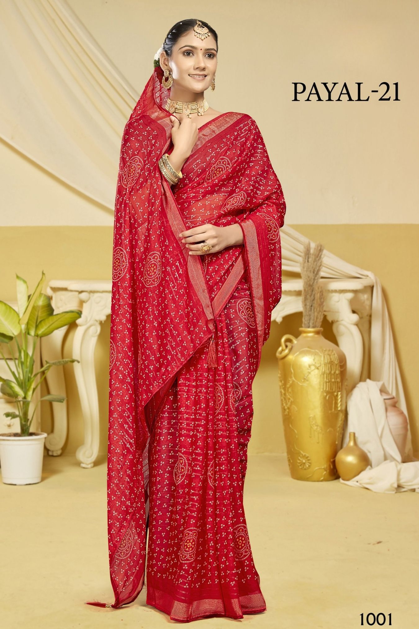 Payal-21 Red Georgette Saree with Bandhani Print & Self Border