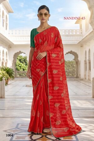 Nandini 45  Fiery Red Georgette Saree with Golden Paisley Bootis, Self Stripe & Lace Border
