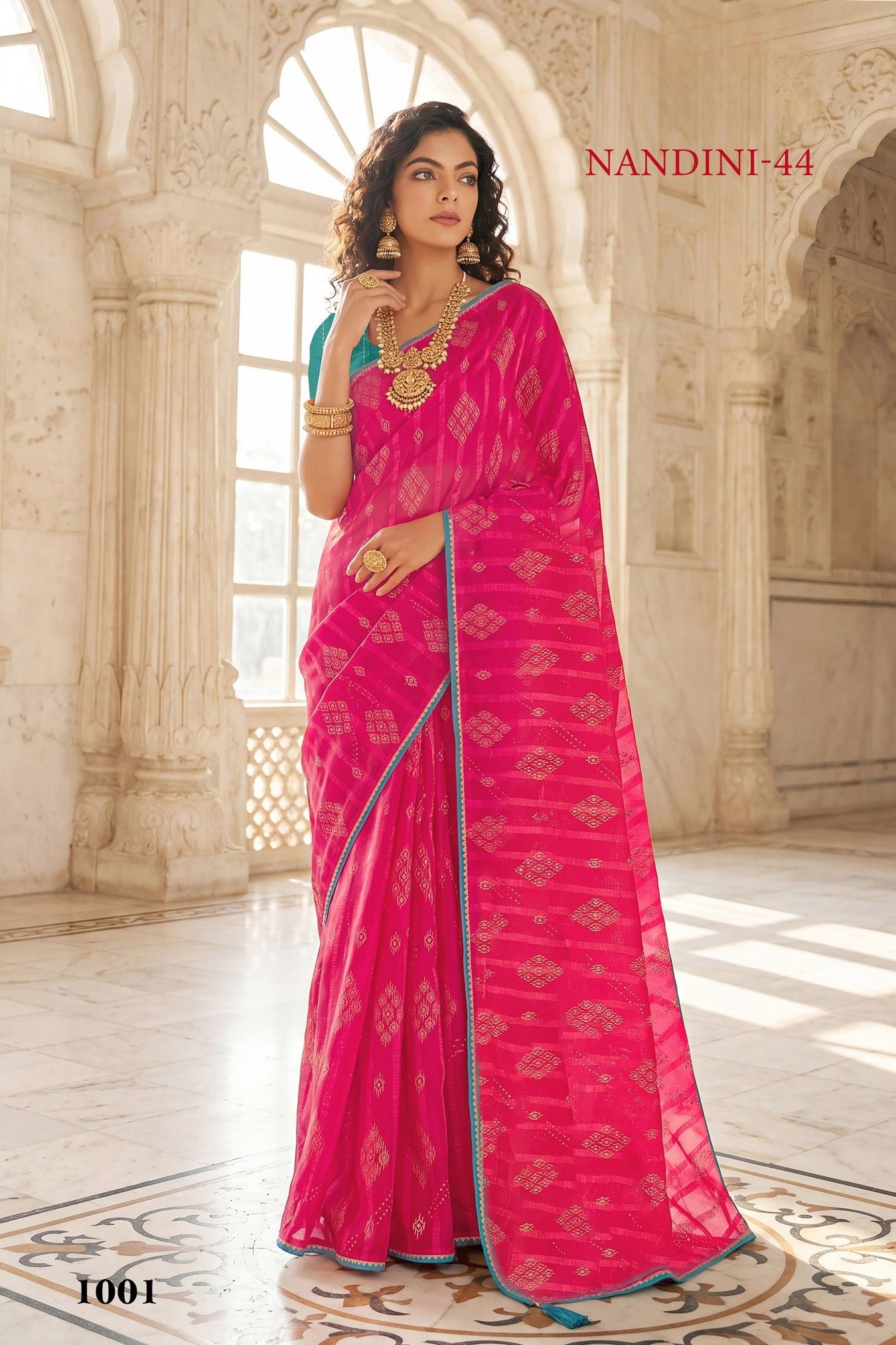 Nandini-44 Green Georgette Saree with Golden Diamond Buti & Red Lace Border - Image 2