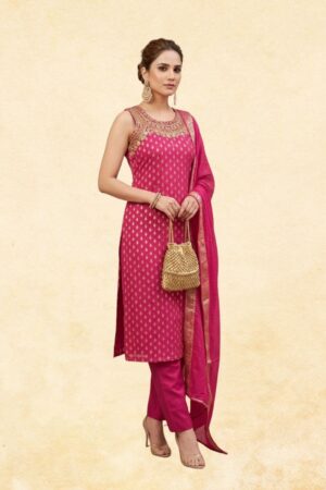 Hot Pink Cotton Jacquard 3-Piece Sleeveless Straight Kurta Set