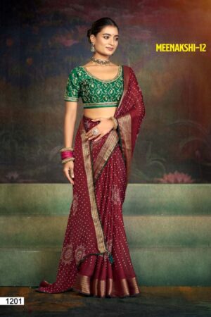 Meenakshi-12 | Maroon Silk Saree with Gold Zari Border, Butti Print & Embroidered Green Blouse