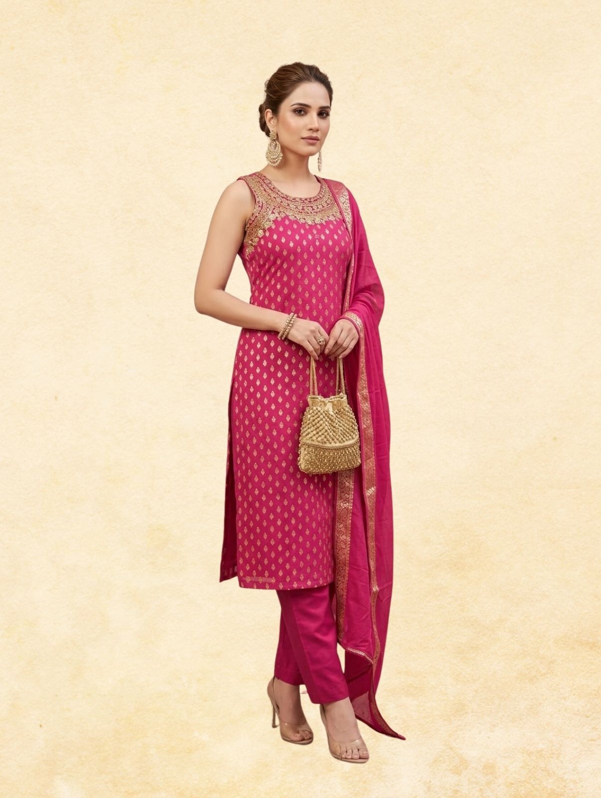 Hot Pink Cotton Jacquard 3-Piece Sleeveless Straight Kurta Set