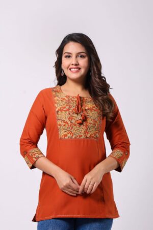 Rust Orange Cotton Short Kurti with Kalamkari Square Yoke