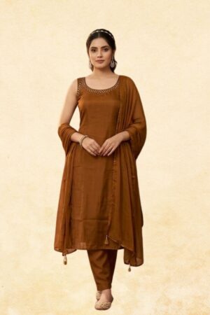 Rust Brown Rayon 3-Piece Sleeveless Straight Kurta Set