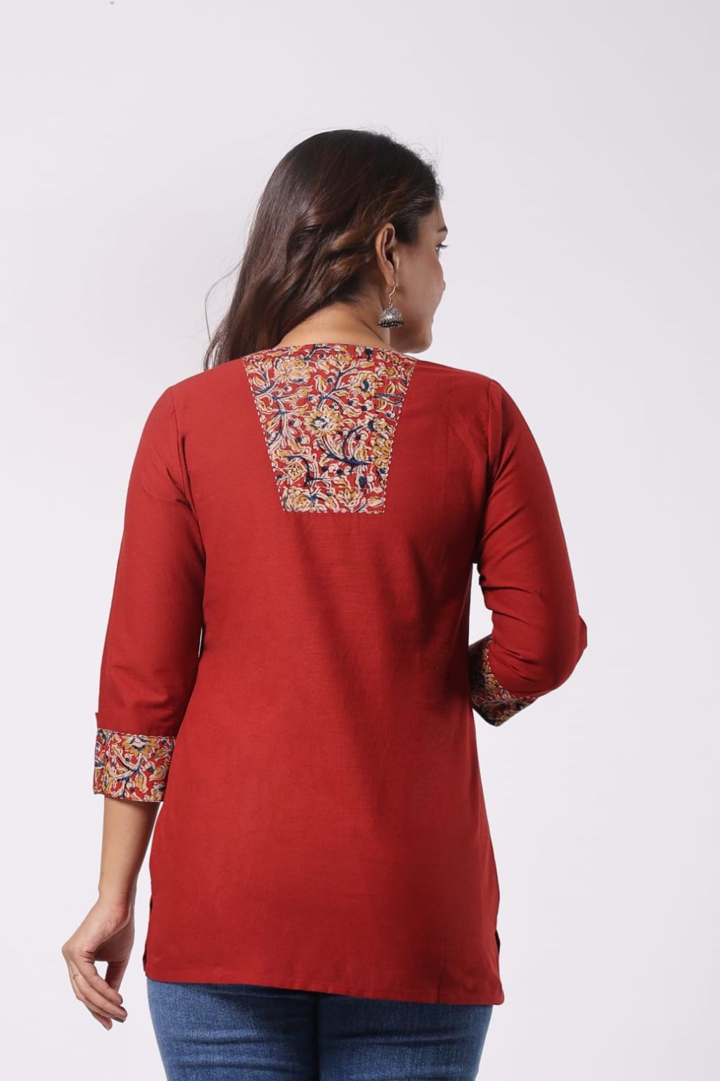 Red Cotton Short Kurti with Kalamkari Square Yoke - Image 2