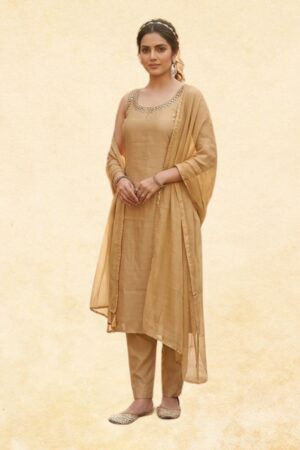 Golden Beige Rayon 3-Piece Sleeveless Straight Kurta Set