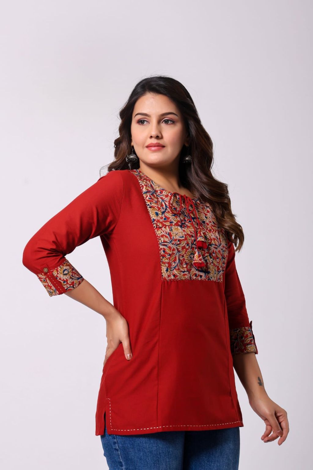 Red Cotton Short Kurti with Kalamkari Square Yoke
