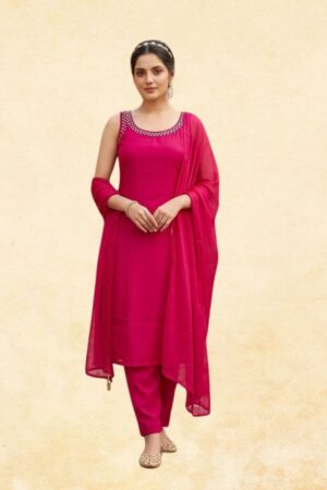 Hot Pink Rayon 3-Piece Sleeveless Straight Kurta Set