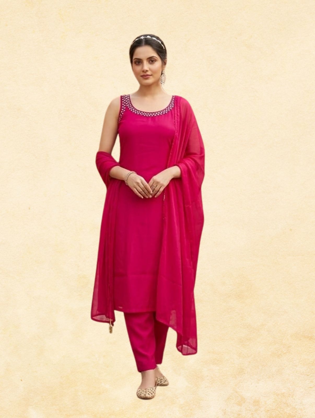 Hot Pink Rayon 3-Piece Sleeveless Straight Kurta Set