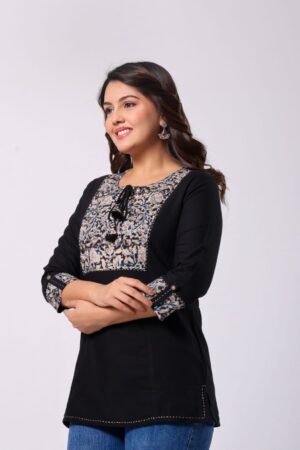 Black Cotton Short Kurti with Kalamkari Square Yoke