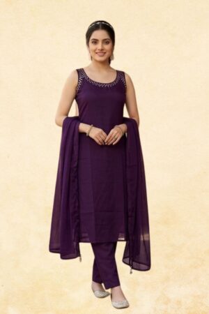 Deep Purple Rayon 3-Piece Sleeveless Straight Kurta Set
