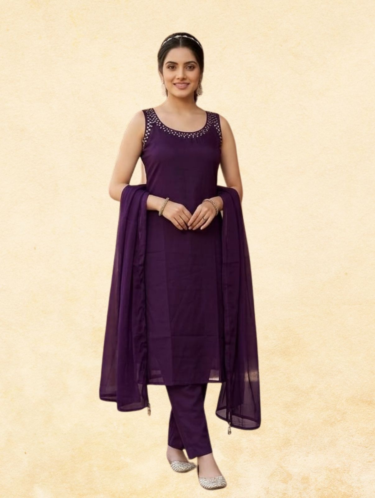 Deep Purple Rayon 3-Piece Sleeveless Straight Kurta Set