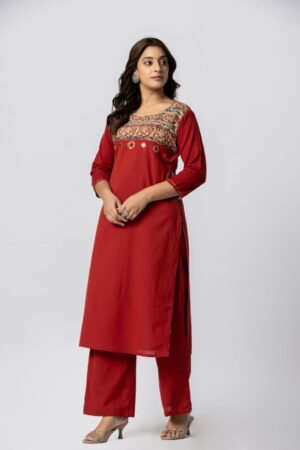 Cherry Red Cotton 2 Piece Kurta Set with Straight Pant