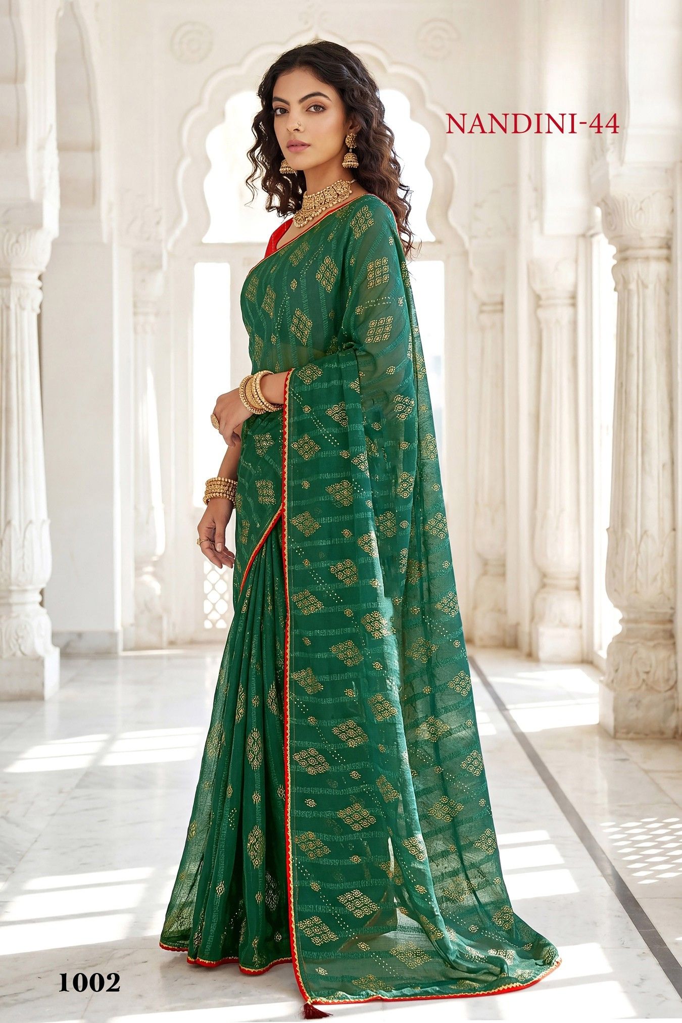 Nandini-44 Green Georgette Saree with Golden Diamond Buti & Red Lace Border