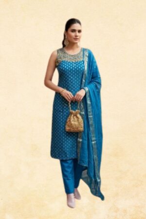 Teal Blue Cotton Jacquard 3-Piece Sleeveless Straight Kurta Set