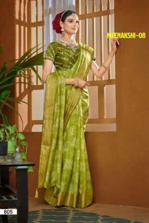 Meenakshi-08 | Olive Green Georgette Saree with White Floral Print, Zari Stripes & Embroidered Blouse